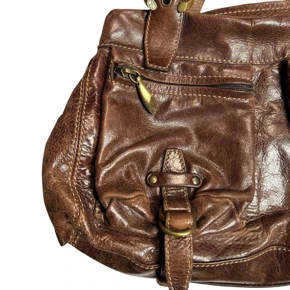 Francesco Biasia Leather Handbag Weathered Chocolate Brown Brass Hardware